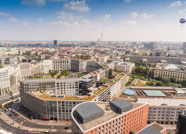 Helicopter view of Berlin skyline.