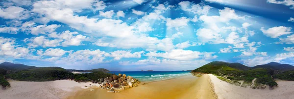 Piskliwy Beach, Wilsons Promontory. Antenowe panoramiczny widok zachód słońca — Zdjęcie stockowe