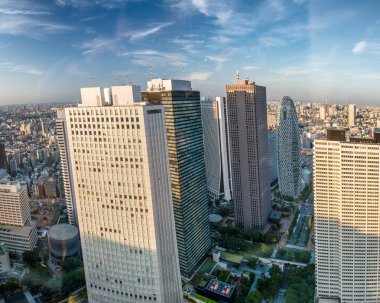 Tokyo, Japonya. Gün batımında Shinjuku binaların havadan görünümü