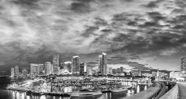 Horizonte do pôr-do-sol preto e branco do centro de Miami, Flórida — Fotografia de Stock