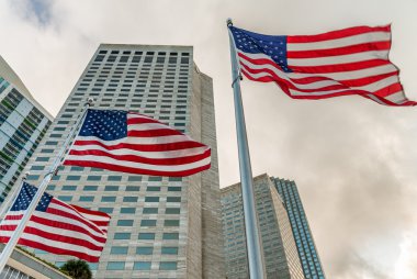 Chopin Plaza yakınındaki Miami riverwalk Amerikan bayrakları ile