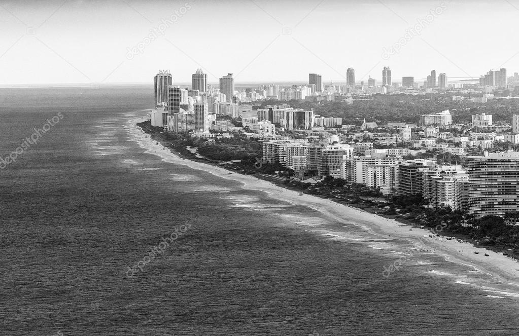 Black and white aerial view of Miami Beach skyline, Florida - US