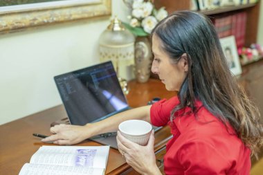 Akıllı iş konsepti. Evde çalışan bir kadın elinde kahve tutuyor..