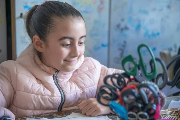 Happy Young Girl Learning Sew Scissors Foreground — Stock Photo, Image