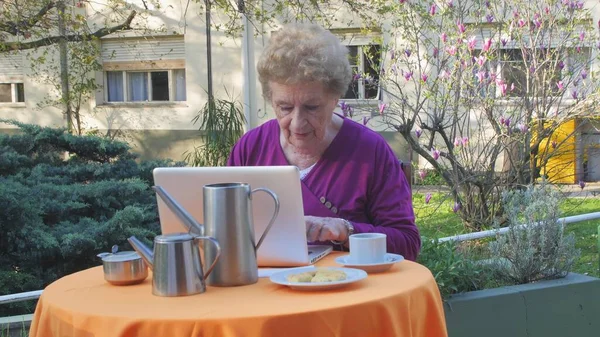 Laptop Kullanan Yaşlı Kadın Dışarıda Kahvaltı Hazırlıyor Yavaş Çekim — Stok fotoğraf