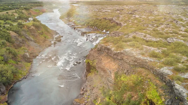 Hraunfossar Watervallen Ijsland Luchtfoto Van Drone Een Zomerdag — Stockfoto