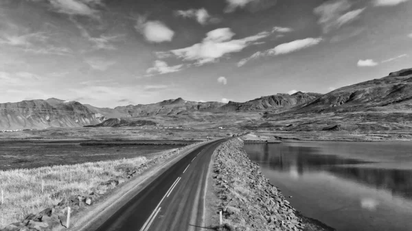 Kirkjufell Landscape Road Beautiful Sunny Summer Day Aerial View — Stock Photo, Image