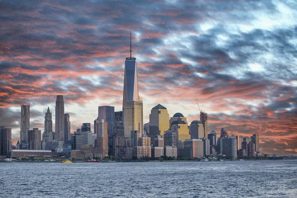 Úžasné Barvy Západu Slunce New Yorku Dolní Panorama Manhattanu — Stock fotografie