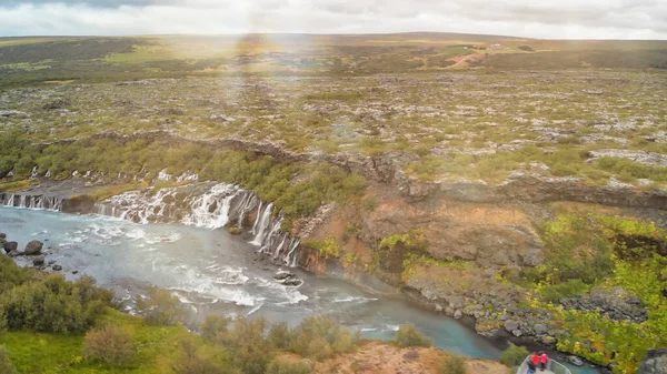 Водопады Храунфоссар Исландия Вид Воздуха Беспилотника Летний День — стоковое фото