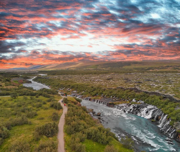 Cataratas Hraunfossar Islandia Vista Aérea Desde Dron Atardecer —  Fotos de Stock