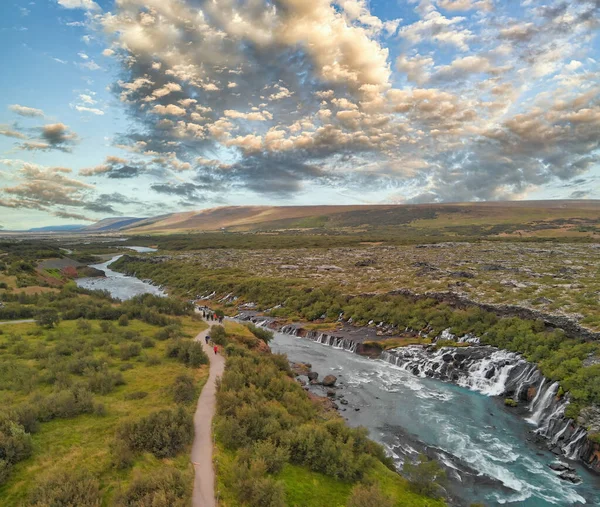 Wodospady Hraunfossar Islandia Widok Lotu Ptaka Zachodzie Słońca — Zdjęcie stockowe