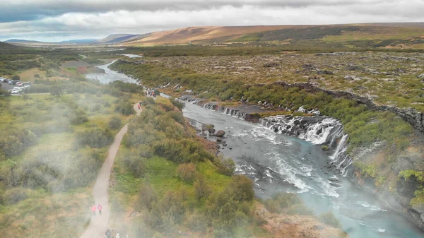 Cataratas Hraunfossar Islandia Vista Aérea Desde Dron Día Verano —  Fotos de Stock