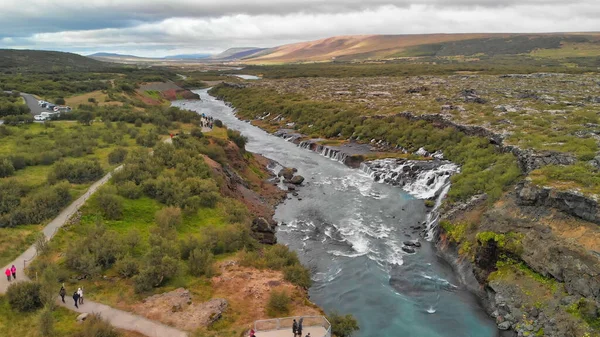 Cataratas Hraunfossar Islandia Vista Aérea Desde Dron Día Verano —  Fotos de Stock