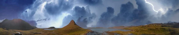 Storm Approaching Kirkjufell Mountain Panoramic Aerial View Iceland — Stock Photo, Image