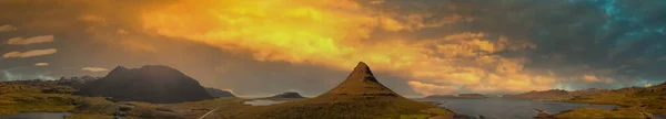 Couleurs Ciel Crépuscule Sur Montagne Kirkjufell Vue Aérienne Panoramique — Photo