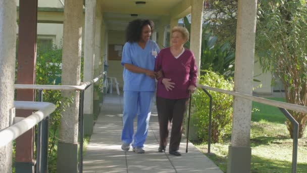 Movimento lento da médica africana ajudando a mulher idosa com bengala no jardim do hospital Gráficos De Vetor