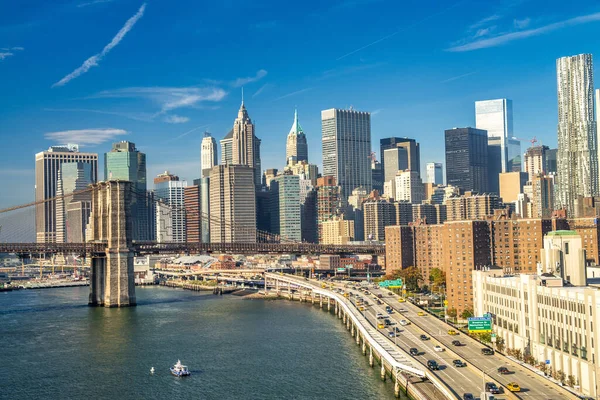 Csodálatos Naplemente Színek New Yorkban Alsó Manhattan Városképe — Stock Fotó