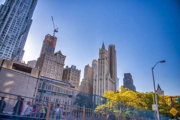 Downtown Manhattan Skyline Vanaf Brooklyn Bridge Bij Zonsondergang New York — Stockfoto