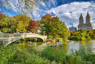 Yeşillik mevsiminde Central Park ve Bow Köprüsü 'nün inanılmaz renkleri, Manhattan.