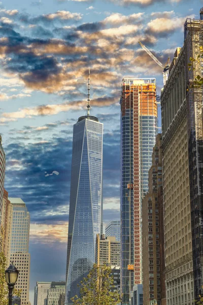 Amazing Sunset Colors Lower Manhattan Skyline Ferry Boat New York — Stock Photo, Image