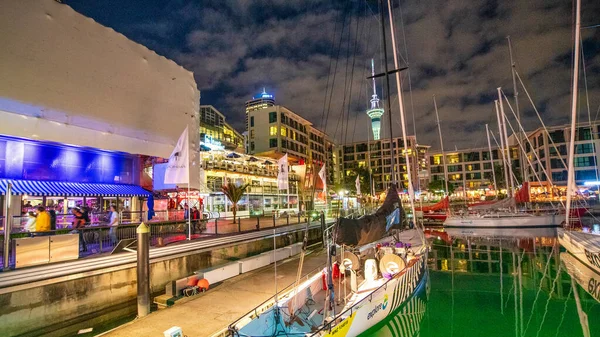 Auckland August 2018 Waterfront Boats Buildings Night — Stock Photo, Image