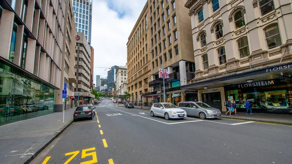 Auckland Ağustos 2018 Bulutlu Bir Sabahta Şehir Merkezi Caddeleri Binalar — Stok fotoğraf