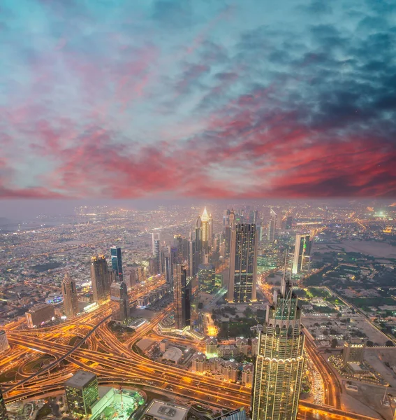 Downtown Dubai sunset aerial skyline, UAE