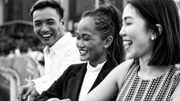 Three Asian Young Friends Standing Outdoor City Talking Smiling Enjoying — Stock Photo, Image