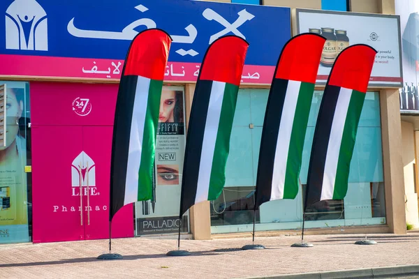 Dubai Zjednoczone Emiraty Arabskie Grudzień 2016 Flagi Zea Przed Centrum — Zdjęcie stockowe
