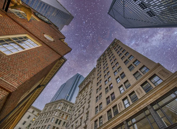 Boston Skyscrapers Starry Night Upward View Massachusetts — Stock Photo, Image