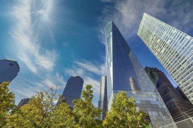 Manhattan şehir merkezinde ağaçlarla çevrili gökdelenler, New York.