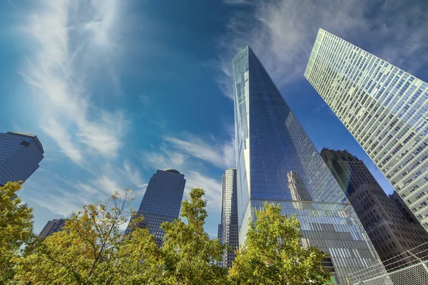 Downtown Manhattan Skyskrapor Omgivna Träd Nyc — Stockfoto