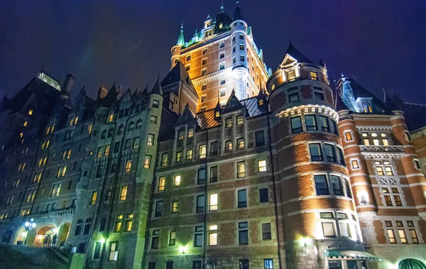 Chateau Frontenac Zewnątrz Nocy Quebec City Castle Kanada — Zdjęcie stockowe