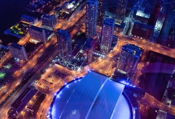 Night aerial view of Toronto stadium and skyline, Ontario, Canada