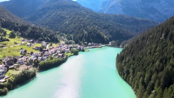 Flygfoto över Auronzo sjön och staden på sommaren, italienska dolomiter — Stockvideo