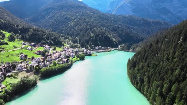 Flygfoto över Auronzo sjön och staden på sommaren, italienska dolomiter — Stockvideo