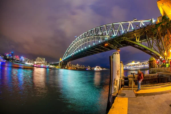 Éjszakai Széles Látószögű Kilátás Sydney Harbour Bridge Ausztrália — Stock Fotó