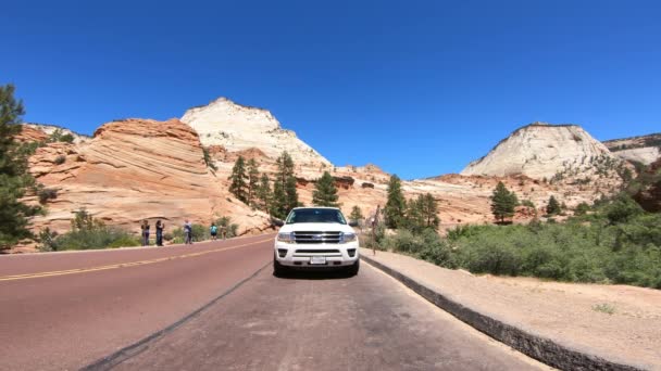 ZION, UTAH - JUNI 2018: Auto verkeer langs de canyon hoofdweg, time lapse — Stockvideo