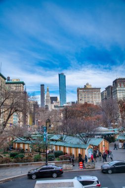 NEW YORK ŞEHRİ - 6 Aralık 2018: Union Meydanı boyunca trafik, hava manzarası.