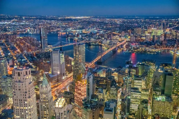 Incroyable Vue Aérienne Nocturne Sur Brooklyn Manhattan Bridges East River — Photo