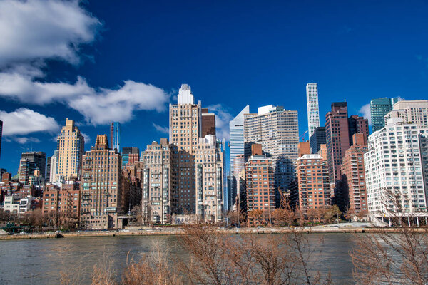 Manhattan skyline on a sunny morning from Roosevelt Island Park.