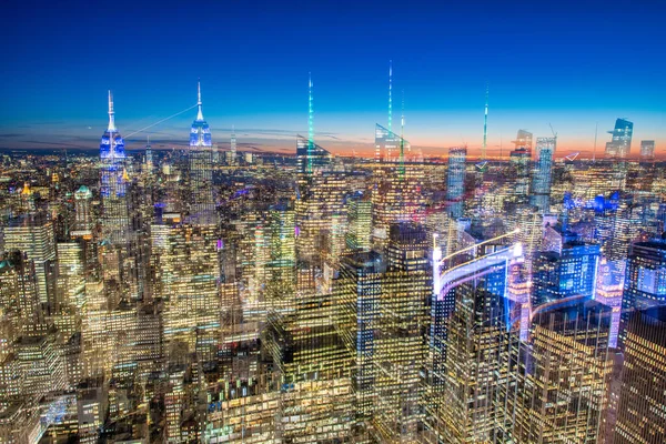 Résumé Manhattan Skyline Gratte Ciel Avec Caméra Floue Mouvement Feux — Photo