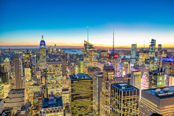 NEW YORK CITY - DECEMBER 7, 2018: Night skyline of Midtown Manhattan, aerial view at night.