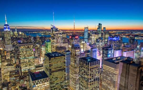 NEW YORK CITY - DECEMBER 7, 2018: Night skyline of Midtown Manhattan, aerial view at night.