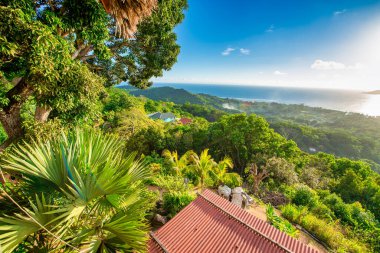 La Digue, Seyşeller 'in panoramik hava görüntüsü.