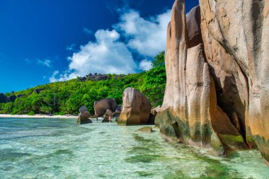 La Digue, Seyşeller 'deki inanılmaz tropikal bitki örtüsü ve okyanus.