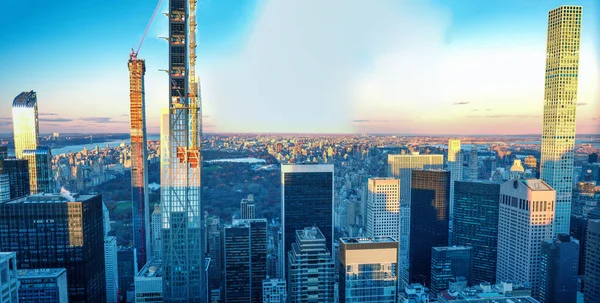 New York City Geweldige Zonsondergang Skyline Luchtfoto Vanaf Het Dak — Stockfoto