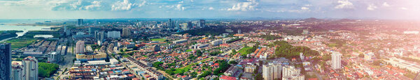 MALACCA, MALAYSIA - DECEMBER 29, 2019: Aerial view of city skyline on a beautiful sunny day, panoramic view.