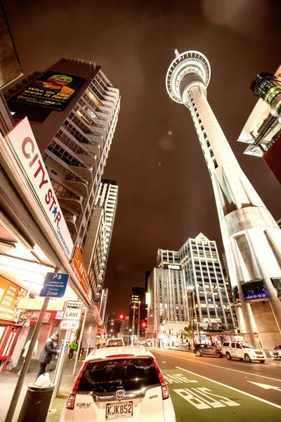 Auckland Augusti 2018 Sky Tower Och Auckland Byggnader Natten — Stockfoto