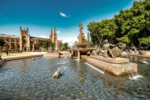 Sydney August 2018 Sydney Archibald Fountain Und Mary Cathedral Einem — Stockfoto